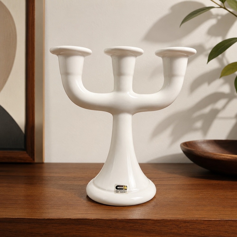 Vintage Guldkroken Hjo Sweden White Ceramic 3-Cup Candelabra MCM 8"‎